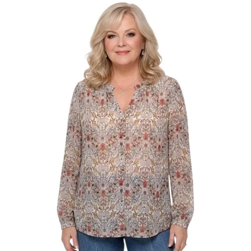 Democracy Multi Color Floral Pattern Smocked Button Down Blouse Size 2X
